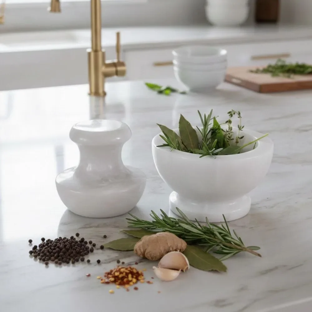 Marble Mushroom Mortar & Pestle Set, Herb Grinder Kitchen Decor, white marble